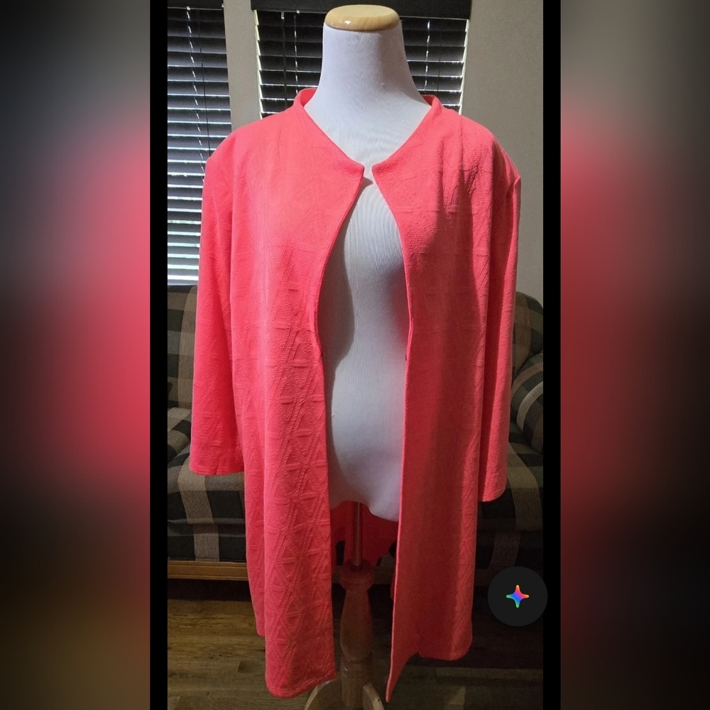 NEW Misook Womens Textured Long Cardigan Jacket Duster Coral Pink Size 3X